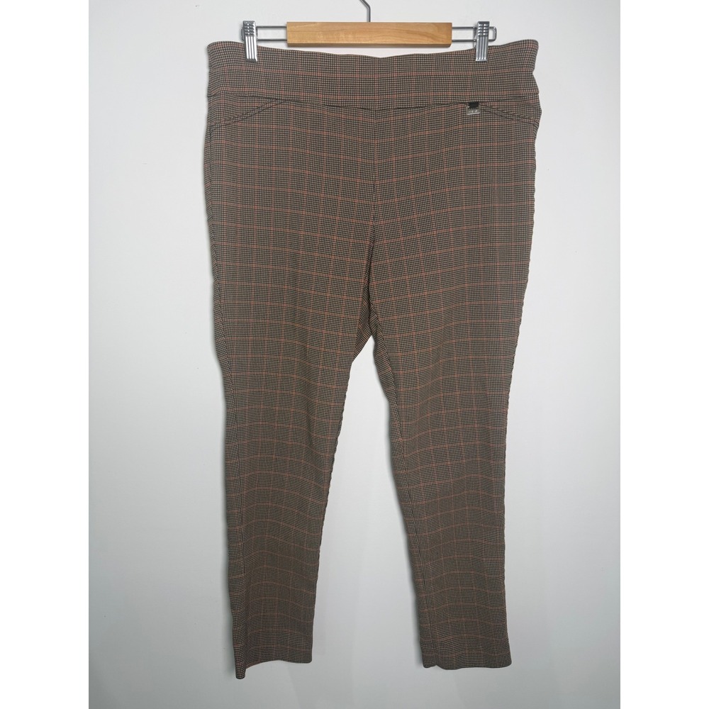 Anne Klein Womens XL Brown Glen Plaid Pull On Slim Leg Stretch Dress Pants